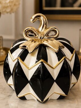 Black & White Ceramic Decorative Pumpkin with Gold Accent